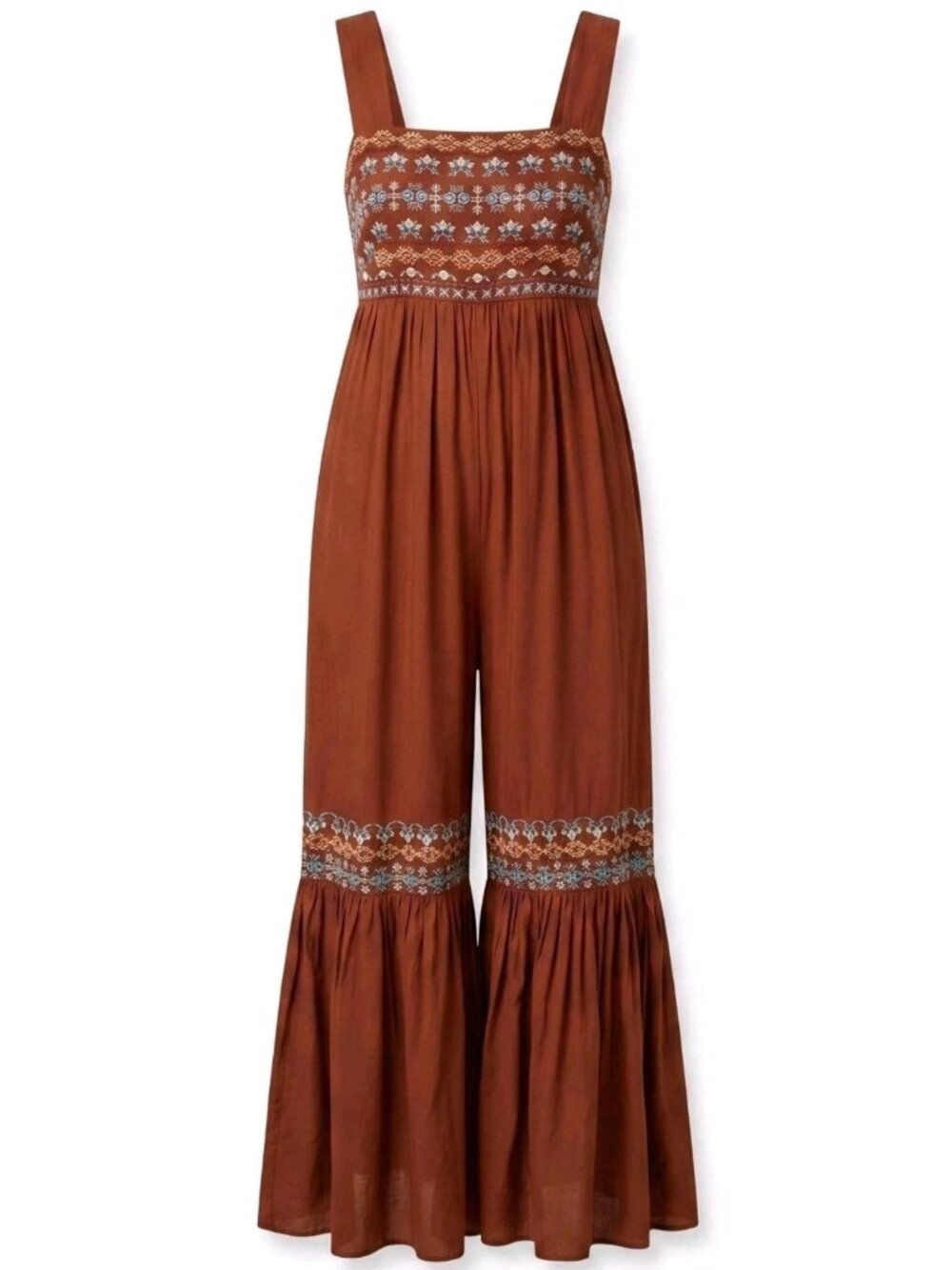 Natural Life Jumpsuit Sleeveless Smocked Flowers Embroidered Wide Leg Size M
